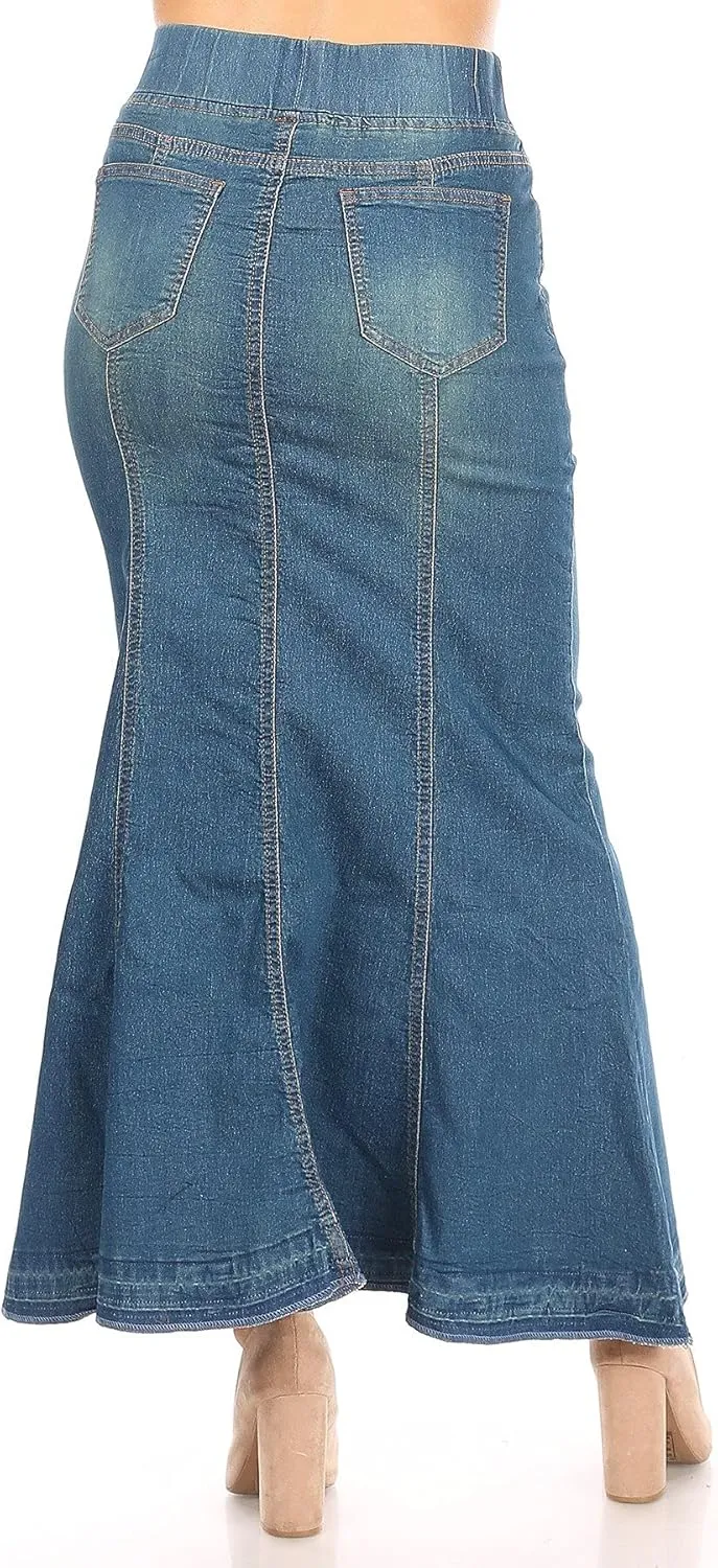 Women's Juniors/Plus Size Elastic Waist Mermaid Shape Denim Long Skirt (87900)