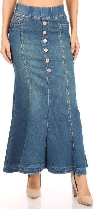 Women's Juniors/Plus Size Elastic Waist Mermaid Shape Denim Long Skirt (87900)