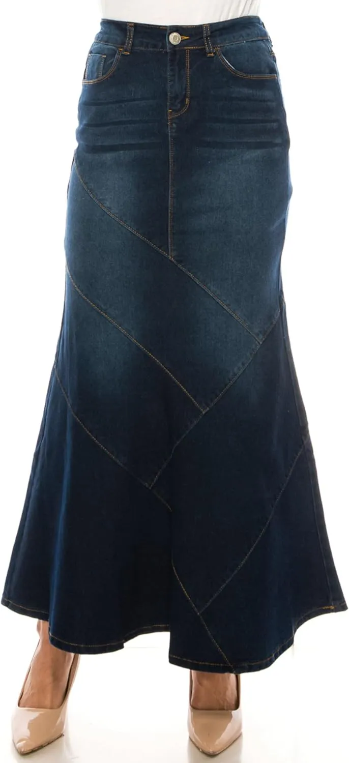 Women's Juniors/Plus Size Stretch Denim Long Mermaid Silhouette Skirt (89075)
