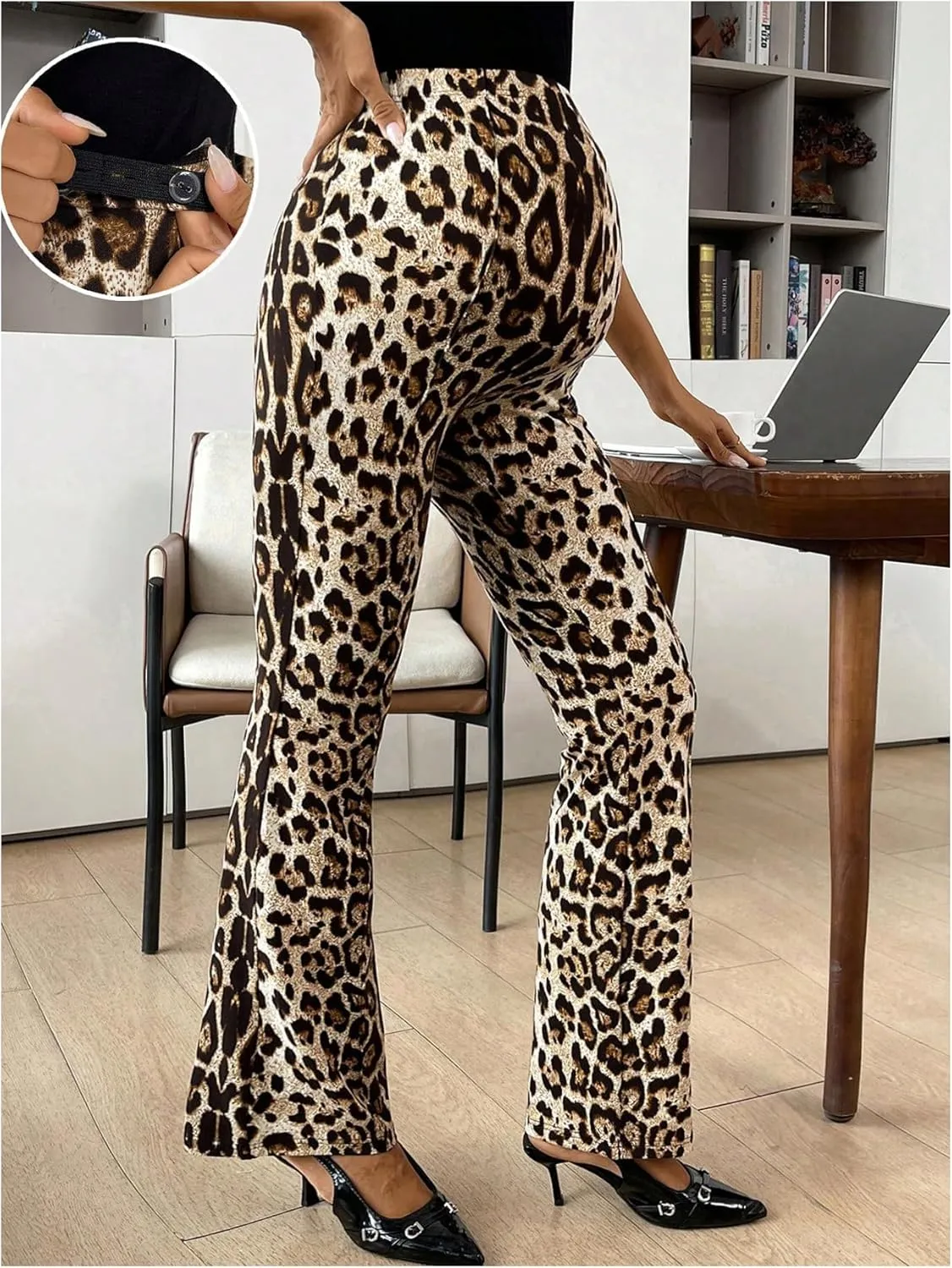 Women's Maternity Pants Elastic High Waist Flare Leg Pregnancy Trousers