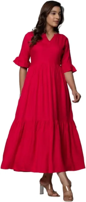 Women's Maxi Dress, Red, V-Neck, 3/4 Bell Sleeves, Tiered Rayon Casual Long Dress