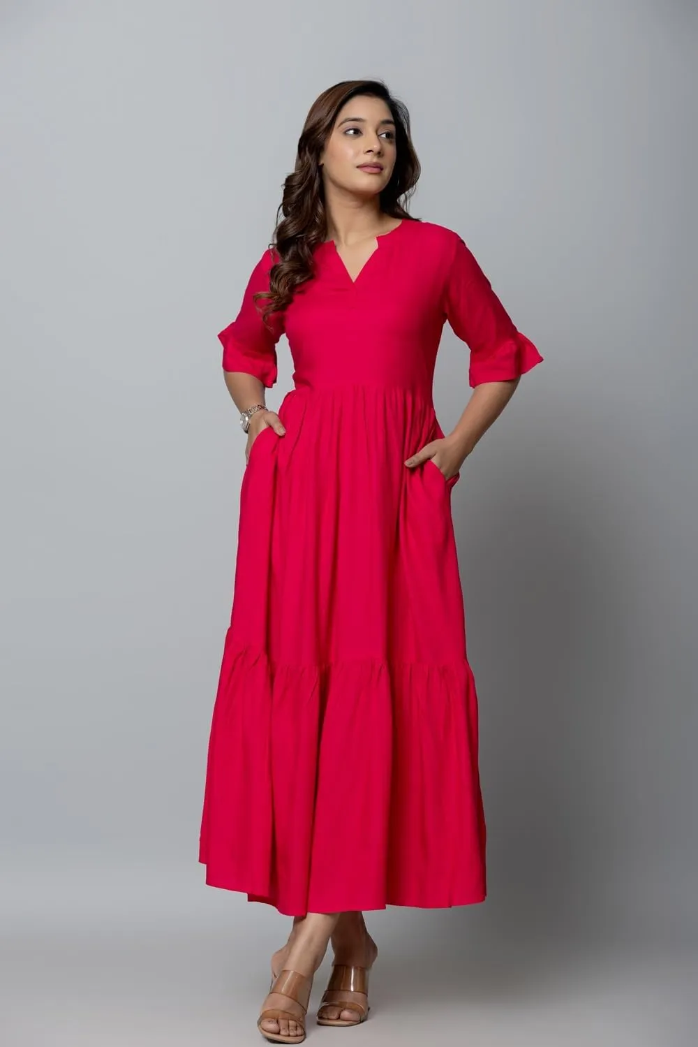 Women's Maxi Dress, Red, V-Neck, 3/4 Bell Sleeves, Tiered Rayon Casual Long Dress