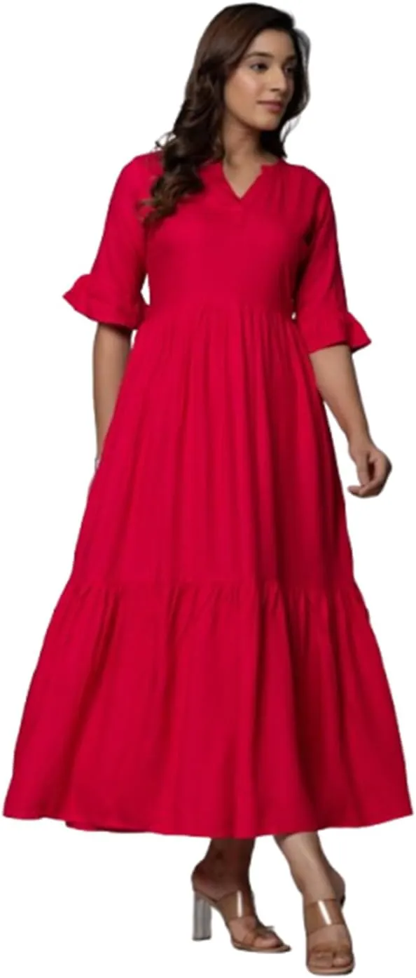 Women's Maxi Dress, Red, V-Neck, 3/4 Bell Sleeves, Tiered Rayon Casual Long Dress