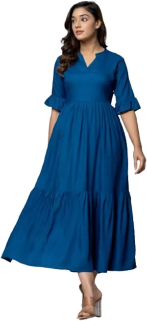 Women's Maxi Dress, Red, V-Neck, 3/4 Bell Sleeves, Tiered Rayon Casual Long Dress