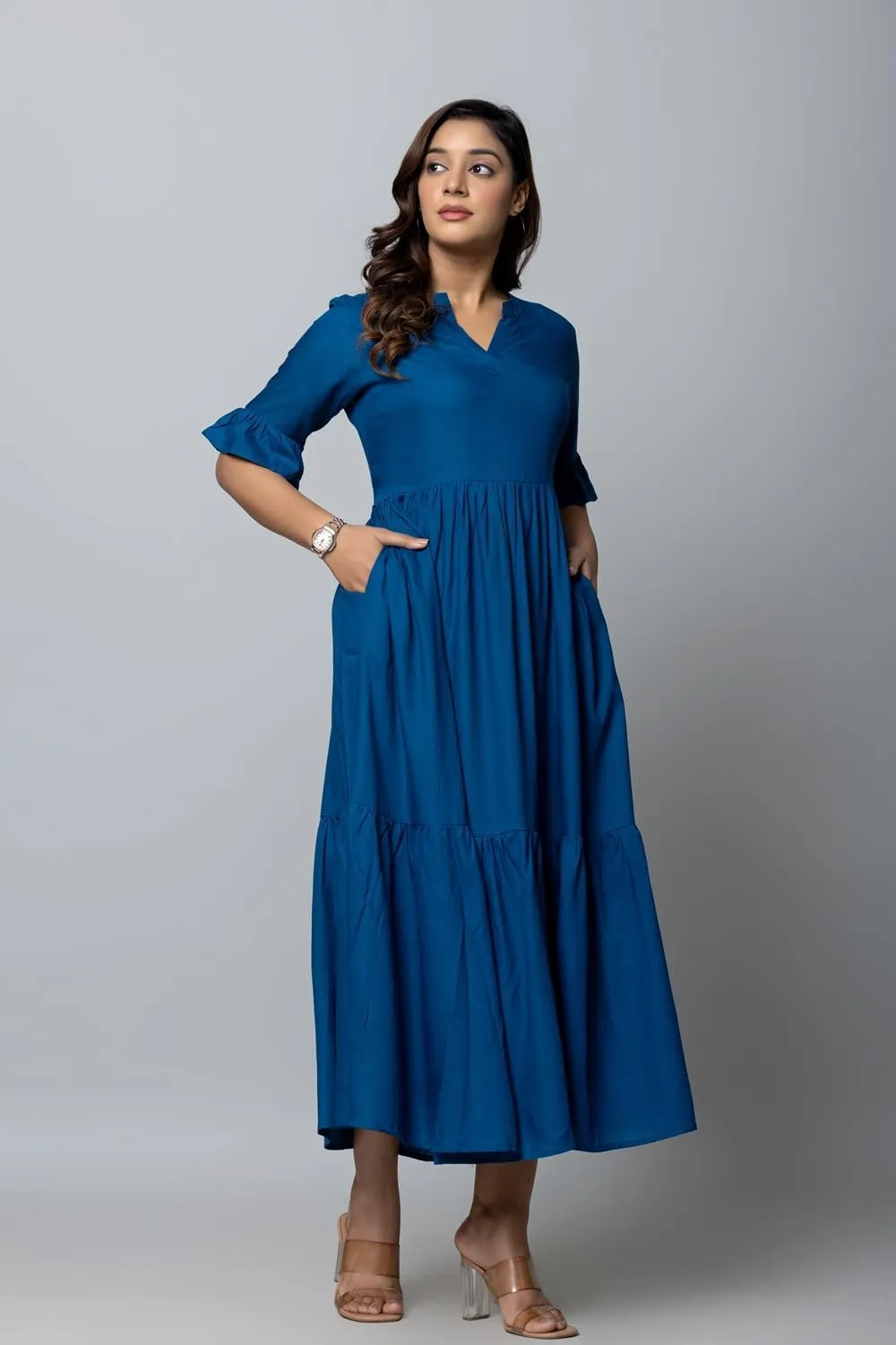 Women's Maxi Dress, Red, V-Neck, 3/4 Bell Sleeves, Tiered Rayon Casual Long Dress