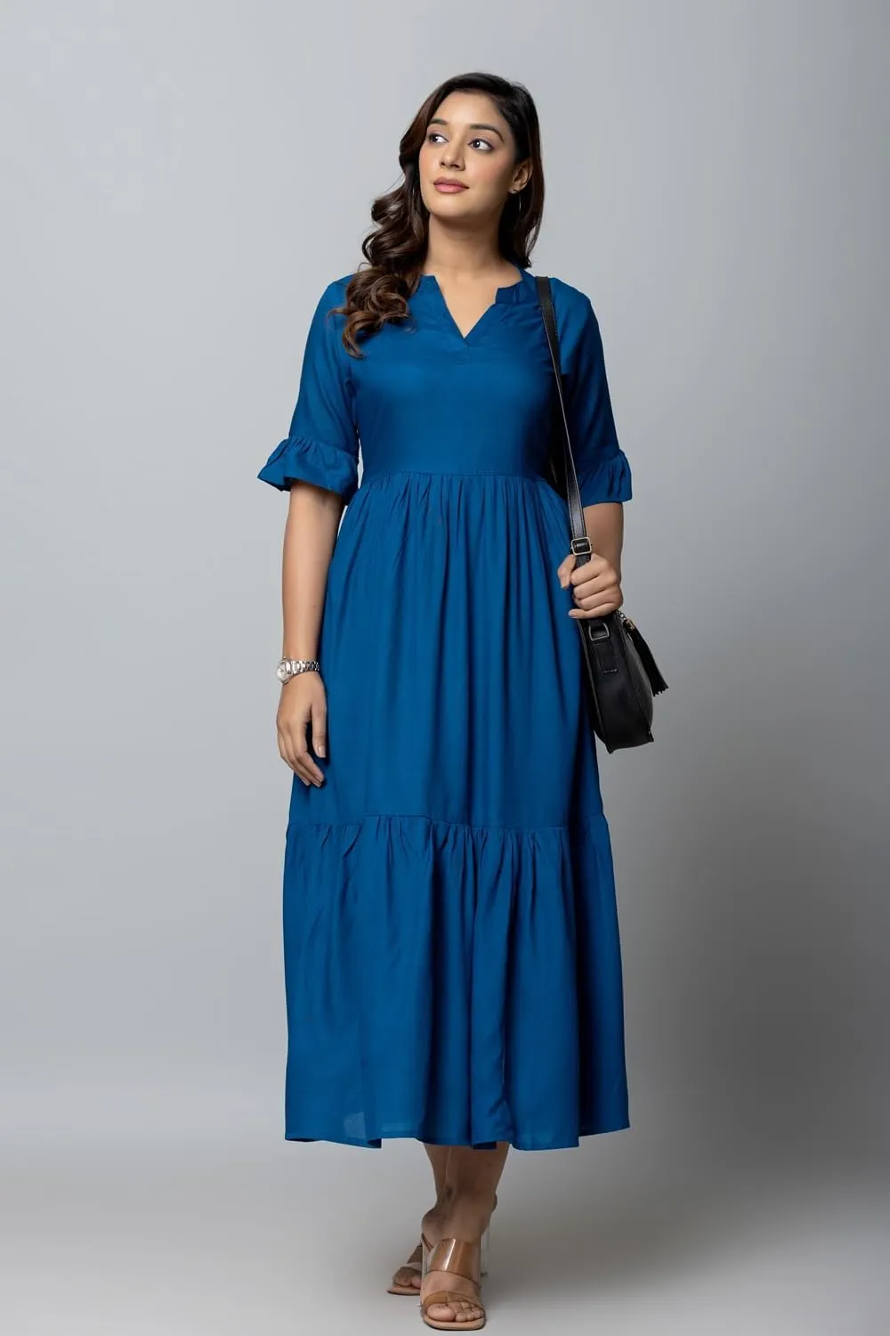 Women's Maxi Dress, Red, V-Neck, 3/4 Bell Sleeves, Tiered Rayon Casual Long Dress