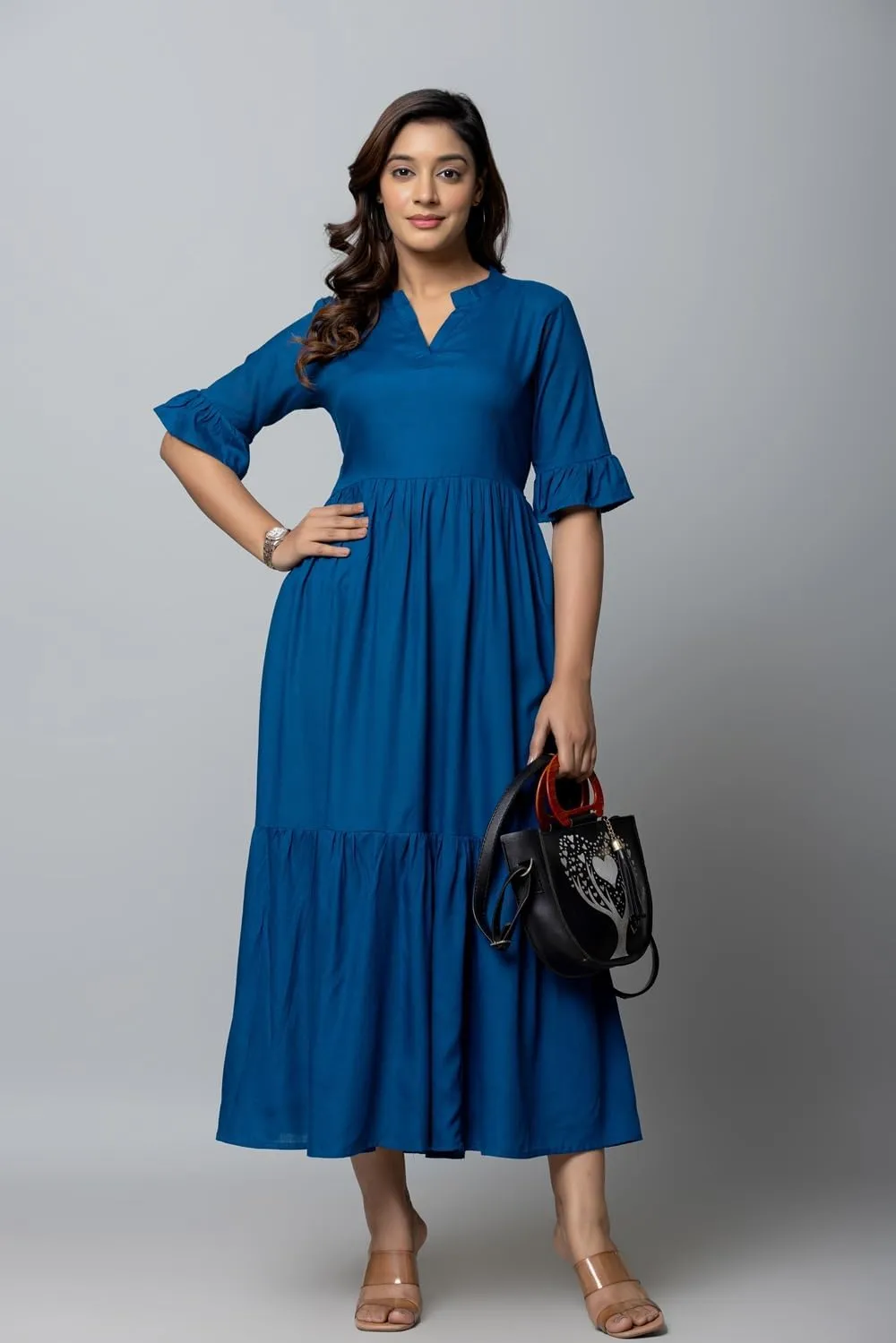 Women's Maxi Dress, Red, V-Neck, 3/4 Bell Sleeves, Tiered Rayon Casual Long Dress