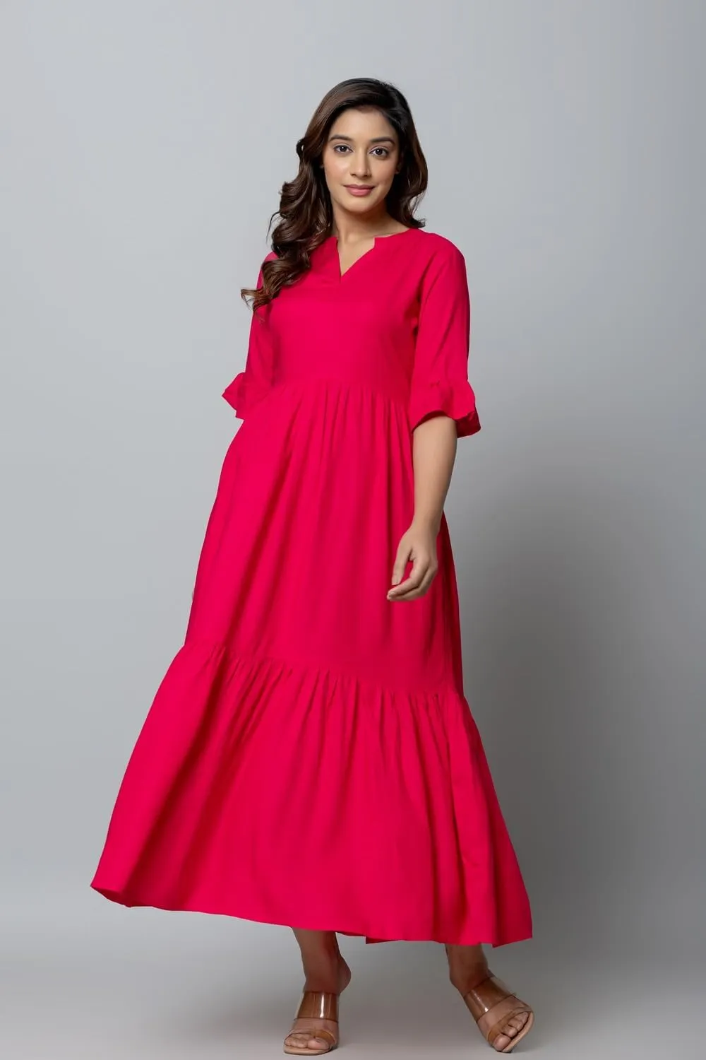 Women's Maxi Dress, Red, V-Neck, 3/4 Bell Sleeves, Tiered Rayon Casual Long Dress