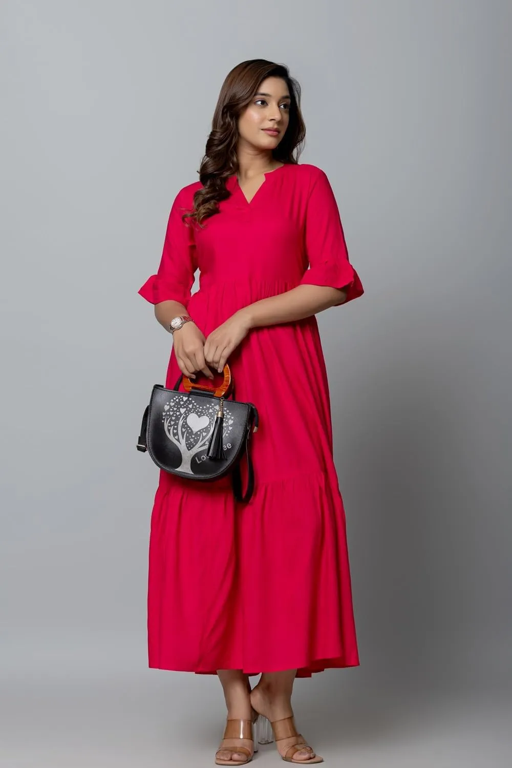 Women's Maxi Dress, Red, V-Neck, 3/4 Bell Sleeves, Tiered Rayon Casual Long Dress