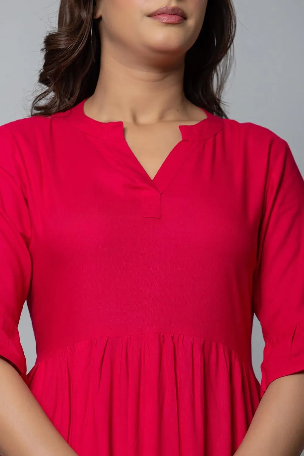 Women's Maxi Dress, Red, V-Neck, 3/4 Bell Sleeves, Tiered Rayon Casual Long Dress