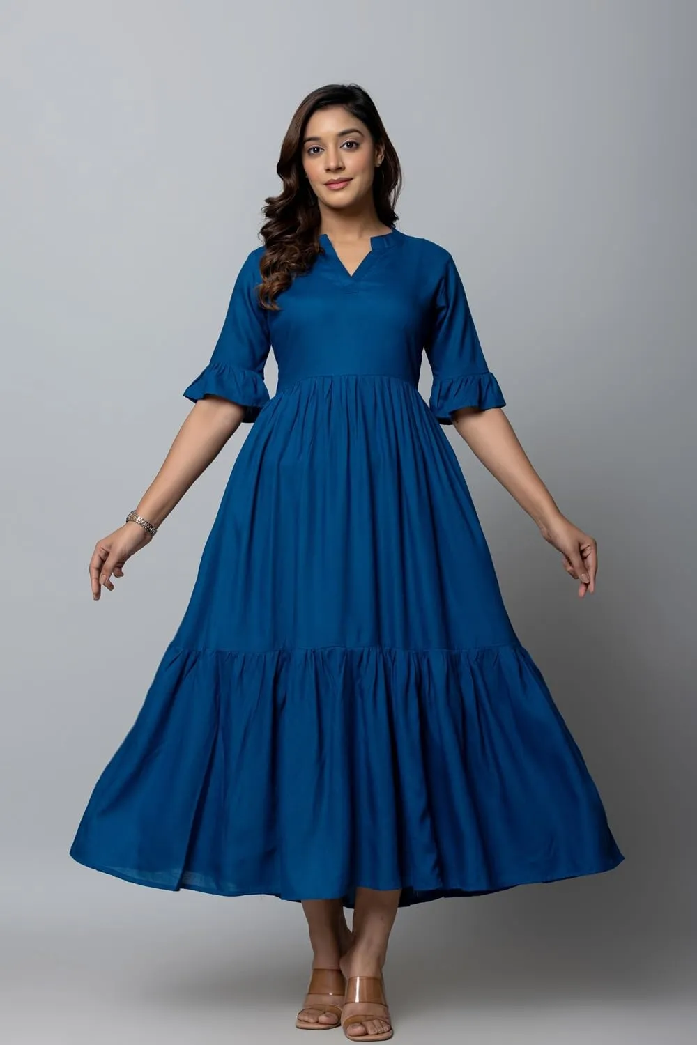 Women's Maxi Dress, Red, V-Neck, 3/4 Bell Sleeves, Tiered Rayon Casual Long Dress