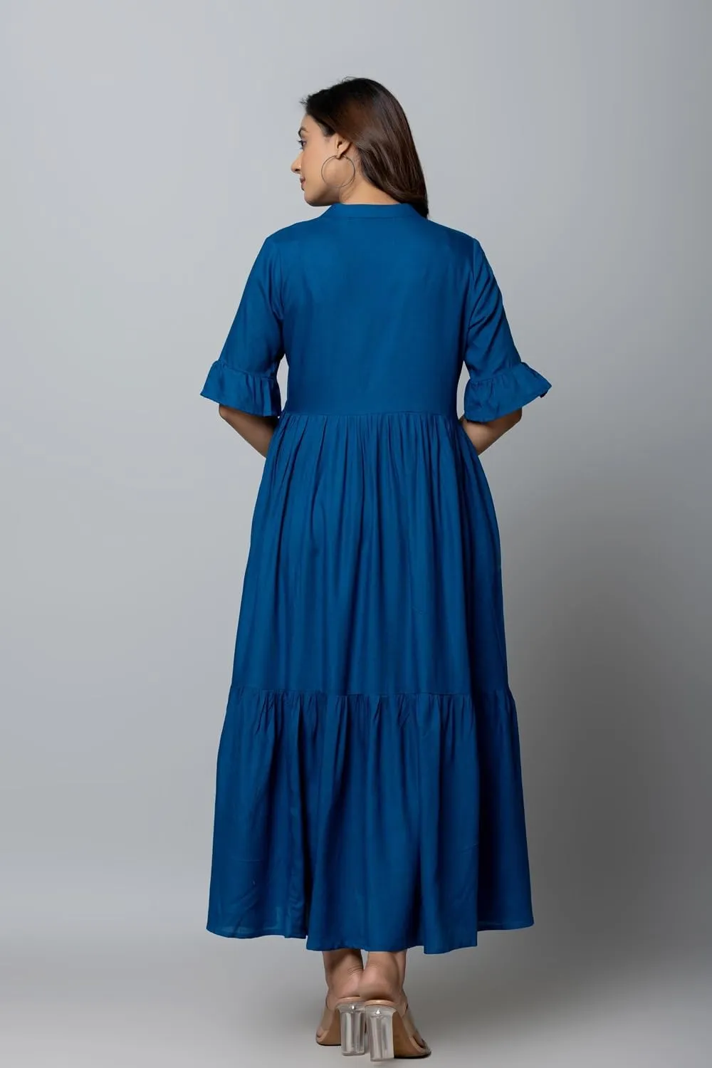 Women's Maxi Dress, Red, V-Neck, 3/4 Bell Sleeves, Tiered Rayon Casual Long Dress
