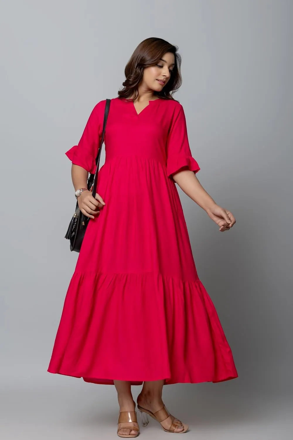 Women's Maxi Dress, Red, V-Neck, 3/4 Bell Sleeves, Tiered Rayon Casual Long Dress