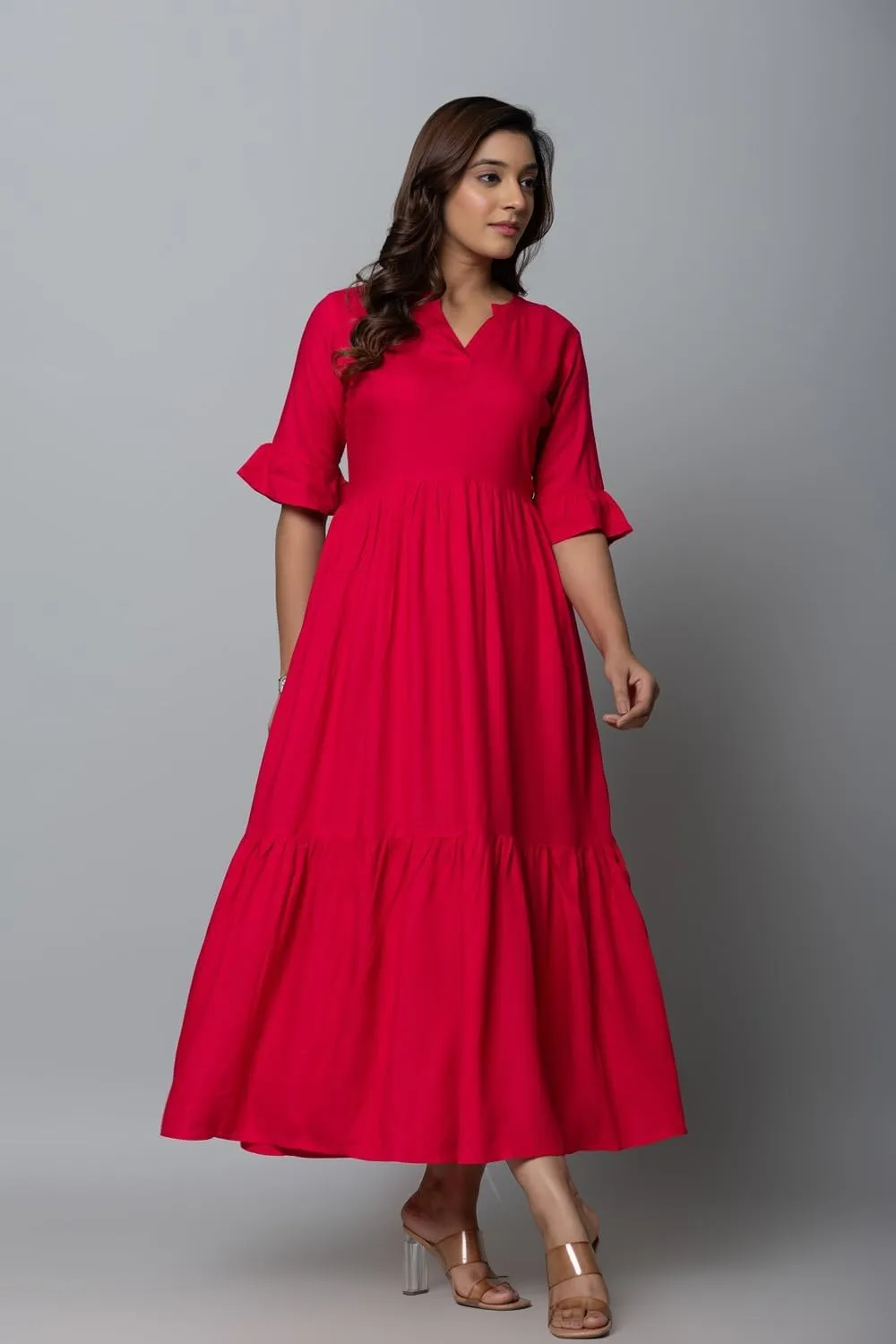 Women's Maxi Dress, Red, V-Neck, 3/4 Bell Sleeves, Tiered Rayon Casual Long Dress