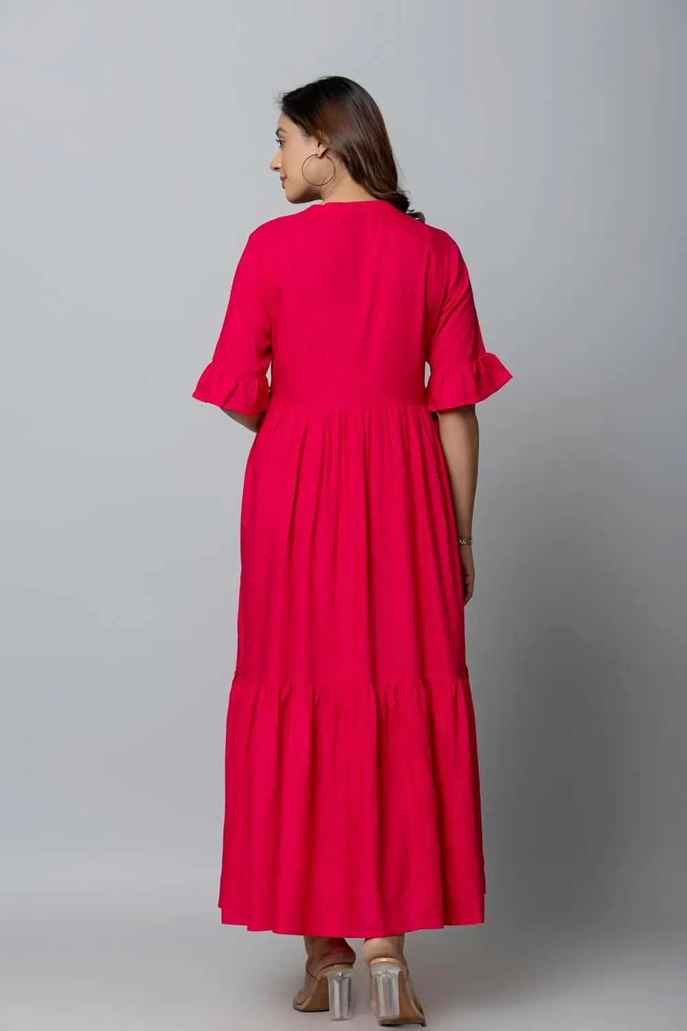 Women's Maxi Dress, Red, V-Neck, 3/4 Bell Sleeves, Tiered Rayon Casual Long Dress