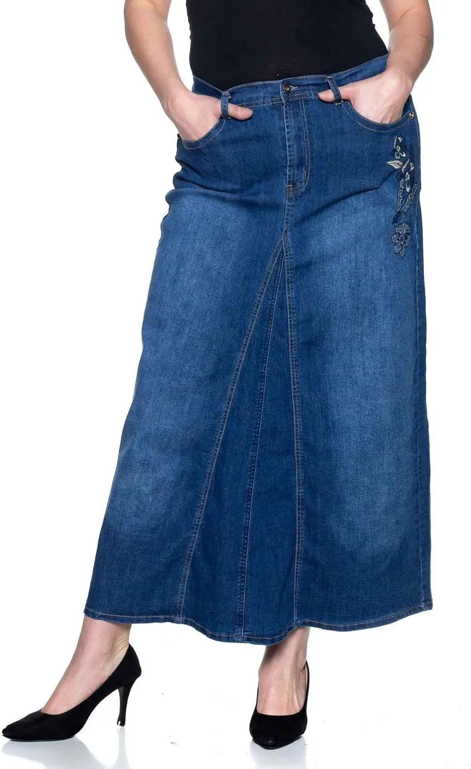 Women's Plus Size Mid Rise A-Line Long Jeans Maxi Denim Embroidered Skirt