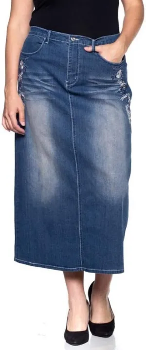 Women's Plus Size Mid Rise A-Line Long Jeans Maxi Denim Embroidered Skirt