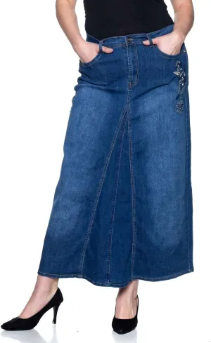 Women's Plus Size Mid Rise A-Line Long Jeans Maxi Denim Embroidered Skirt