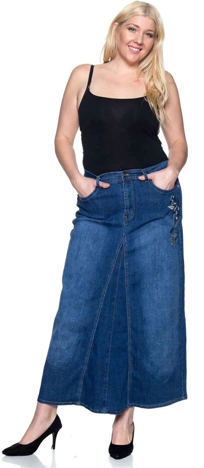 Women's Plus Size Mid Rise A-Line Long Jeans Maxi Denim Embroidered Skirt