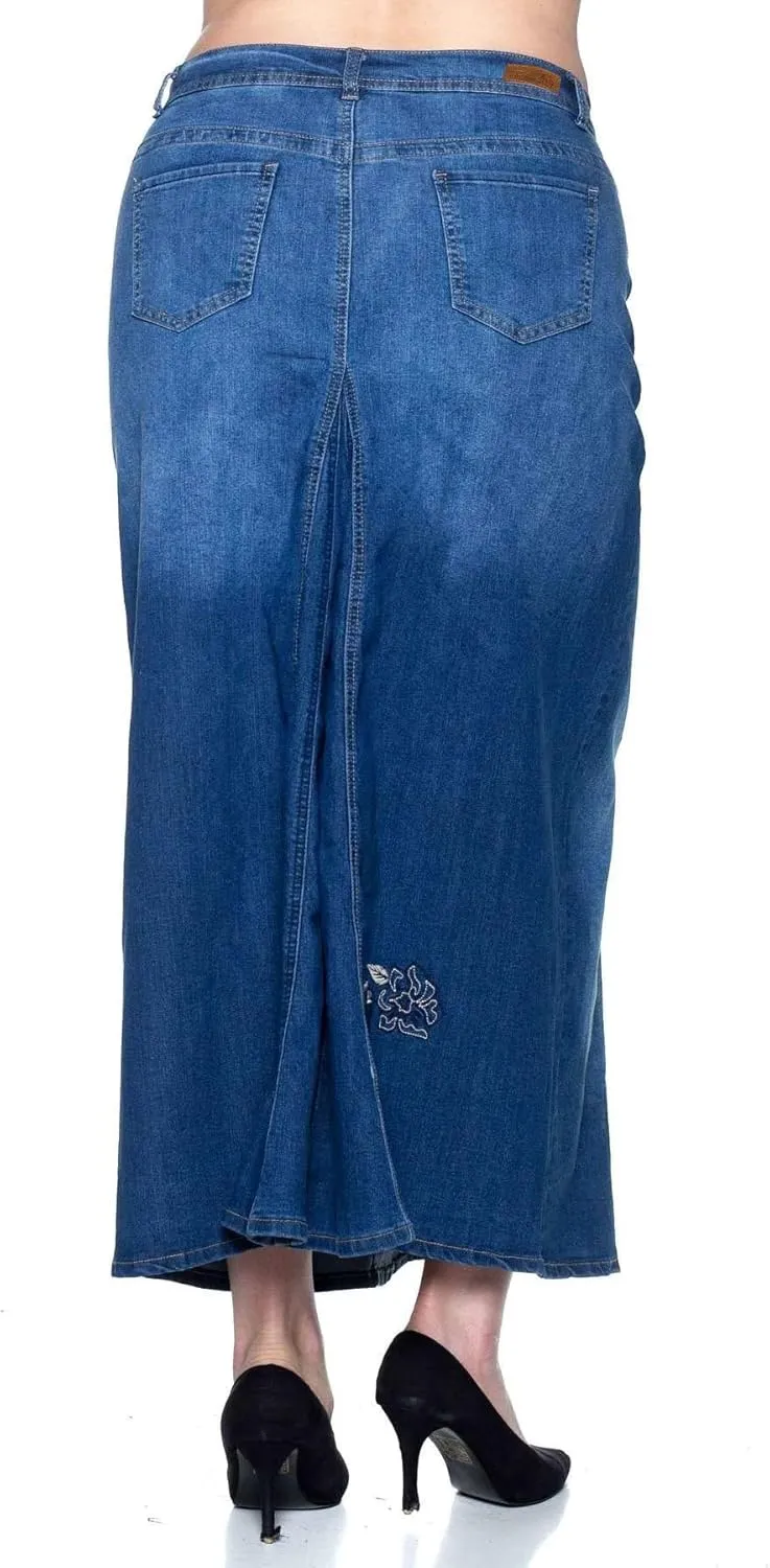 Women's Plus Size Mid Rise A-Line Long Jeans Maxi Denim Embroidered Skirt