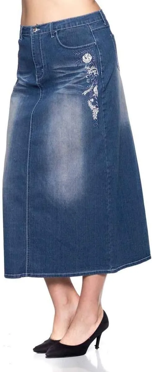 Women's Plus Size Mid Rise A-Line Long Jeans Maxi Denim Embroidered Skirt