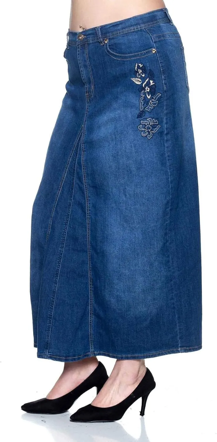 Women's Plus Size Mid Rise A-Line Long Jeans Maxi Denim Embroidered Skirt