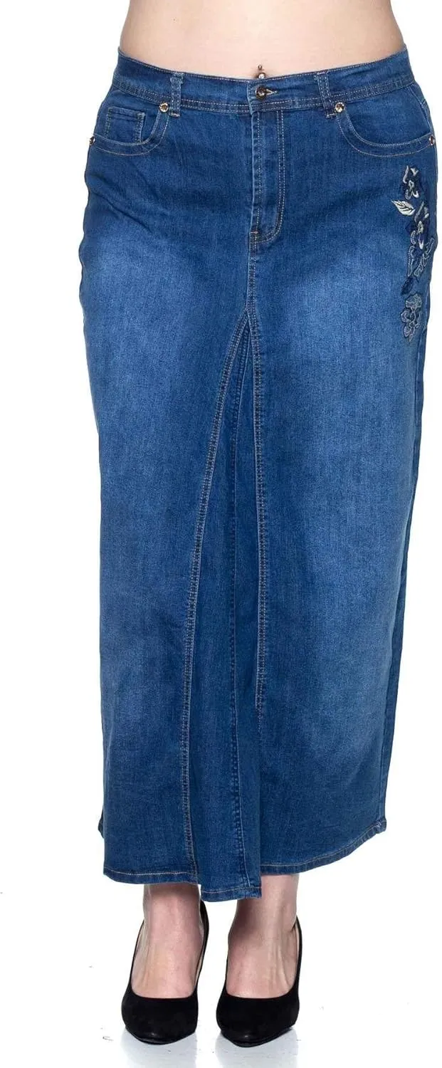 Women's Plus Size Mid Rise A-Line Long Jeans Maxi Denim Embroidered Skirt