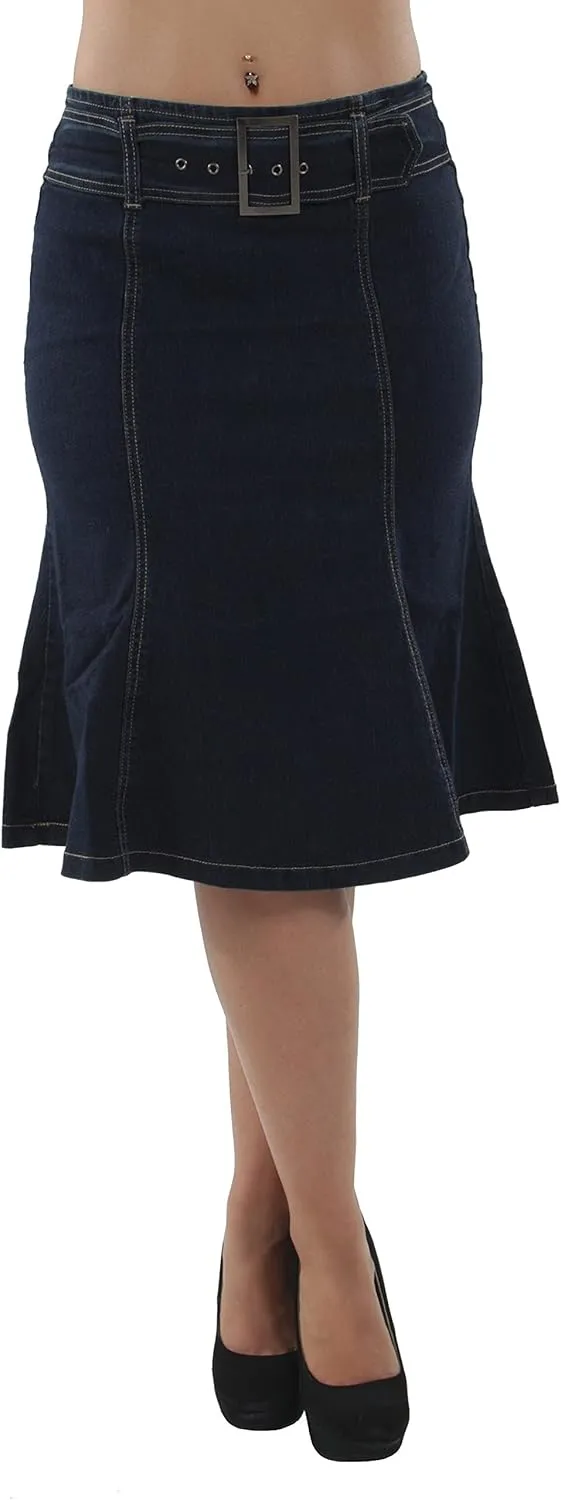 Womens Plus Size Trumpet Mermaid Front Belted Flare Long/Short Denim Skirt