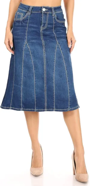 Womens Plus/Juniors Mid Waist Below Knee Length Denim Skirt in Pencil Silhouette