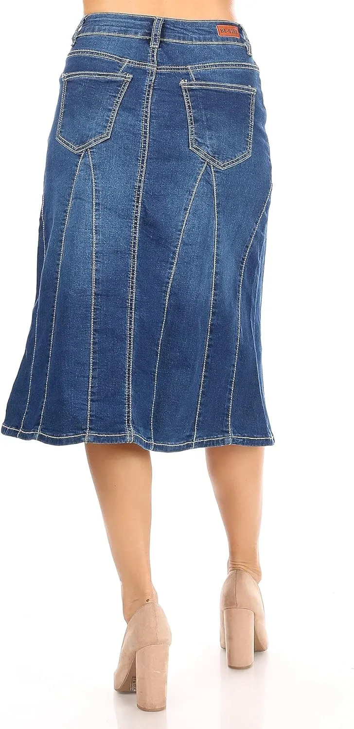 Womens Plus/Juniors Mid Waist Below Knee Length Denim Skirt in Pencil Silhouette