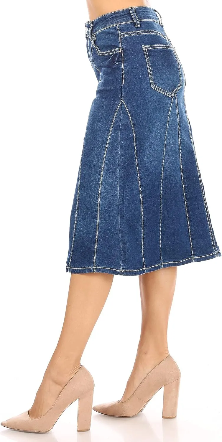 Womens Plus/Juniors Mid Waist Below Knee Length Denim Skirt in Pencil Silhouette