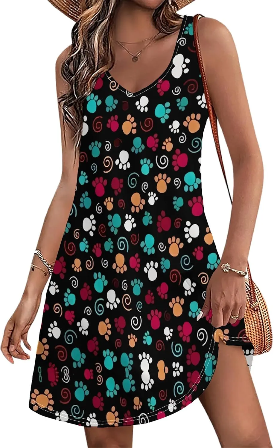 Womens Summer Dresses Casual V Neck Sleeveless Beach Sundresses Fashion A-Line Tank Mini Dress Swimsuit Coverup with Pockets