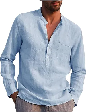 Ymosrh Long Sleeve Shirts Men's Casual Cotton Linen Solid Color Shirts Loose Stand Collar Shirts Dress for Men