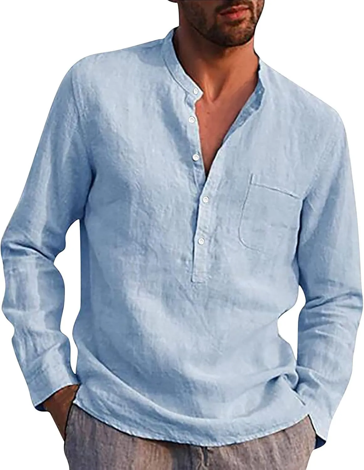 Ymosrh Long Sleeve Shirts Men's Casual Cotton Linen Solid Color Shirts Loose Stand Collar Shirts Dress for Men