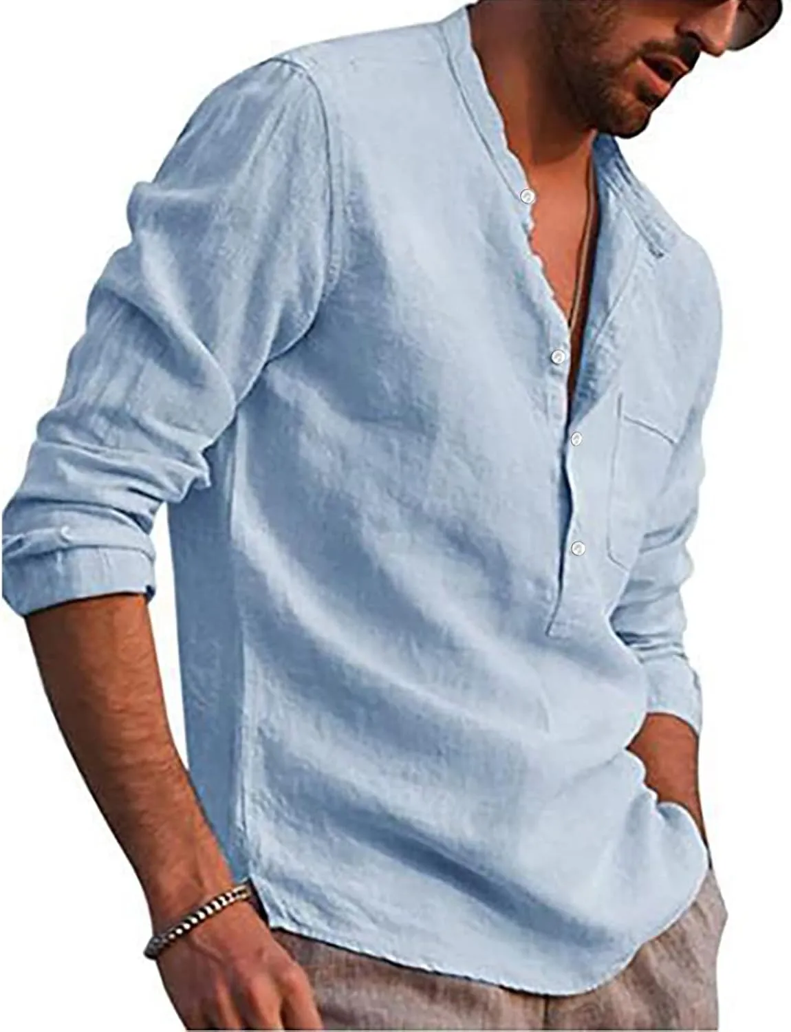 Ymosrh Long Sleeve Shirts Men's Casual Cotton Linen Solid Color Shirts Loose Stand Collar Shirts Dress for Men
