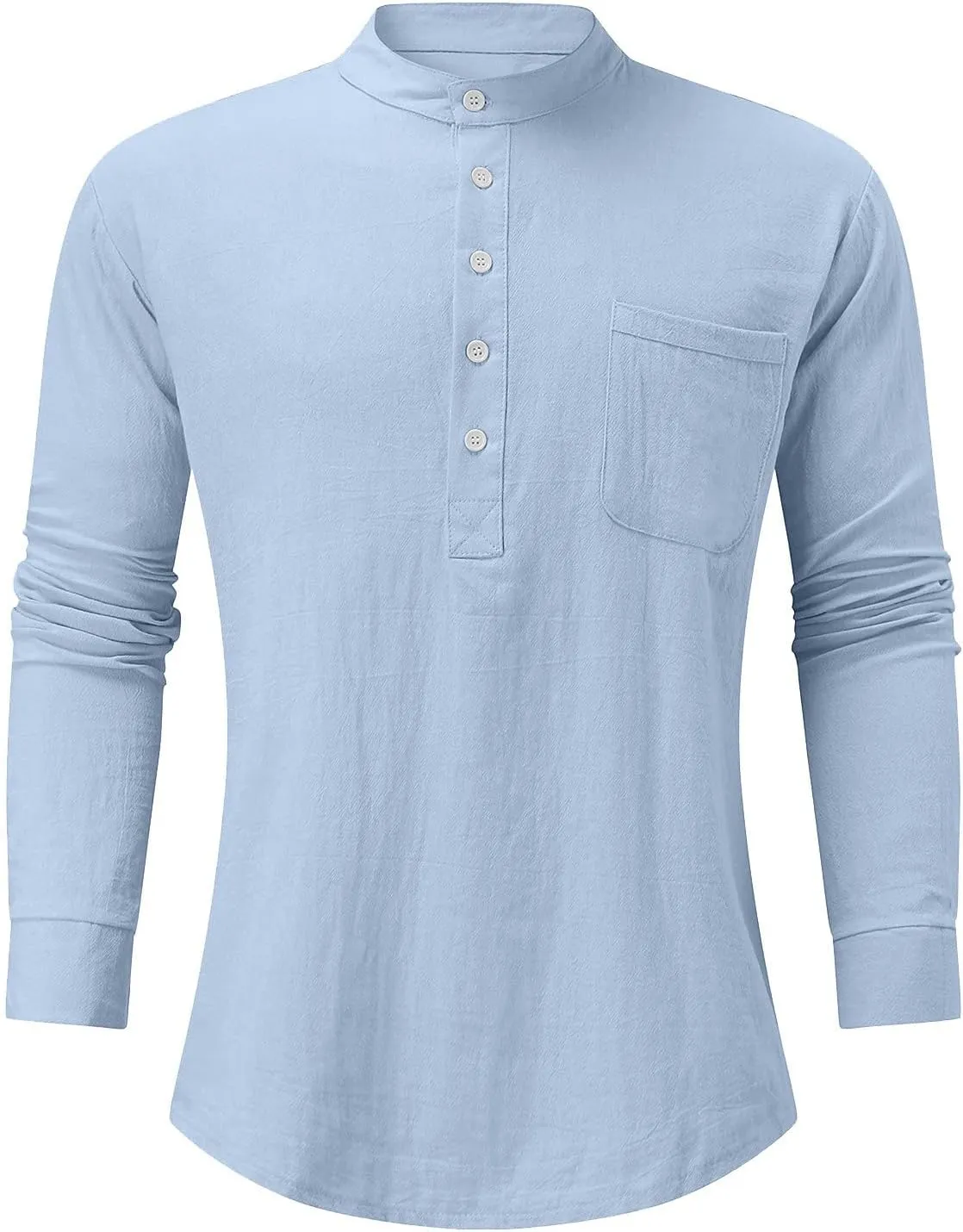 Ymosrh Long Sleeve Shirts Men's Casual Cotton Linen Solid Color Shirts Loose Stand Collar Shirts Dress for Men