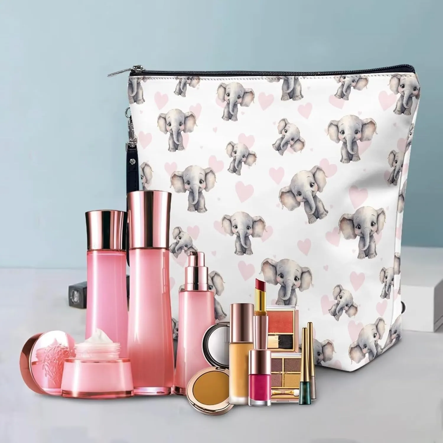 Zippered Cosmetic Bag for Women Girls Baby Elephant, Portable Women's Travel Bag Makeup Bag with Handle, Waterproof Leather Toiletry Bag Handbag Pouch