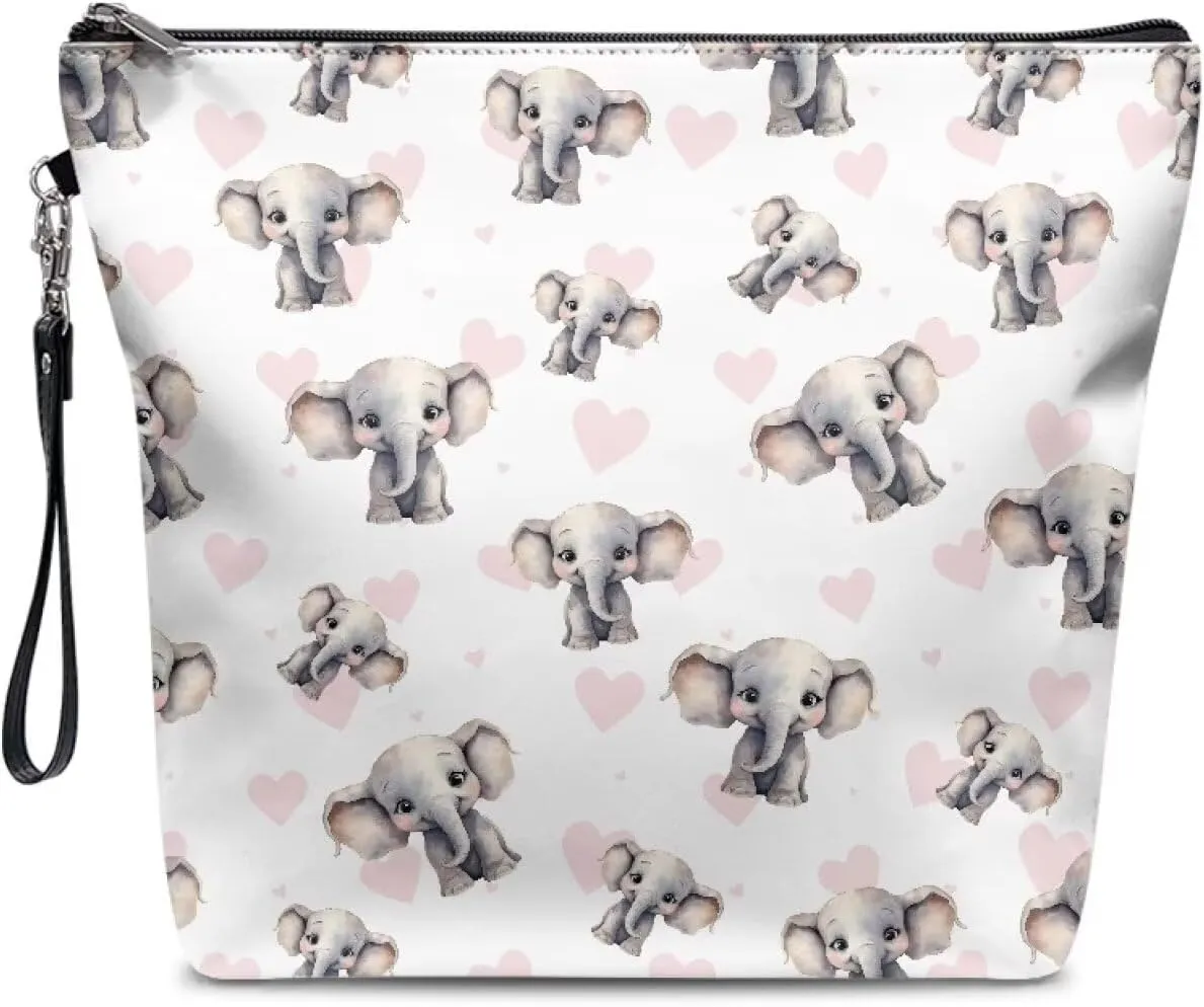 Zippered Cosmetic Bag for Women Girls Baby Elephant, Portable Women's Travel Bag Makeup Bag with Handle, Waterproof Leather Toiletry Bag Handbag Pouch