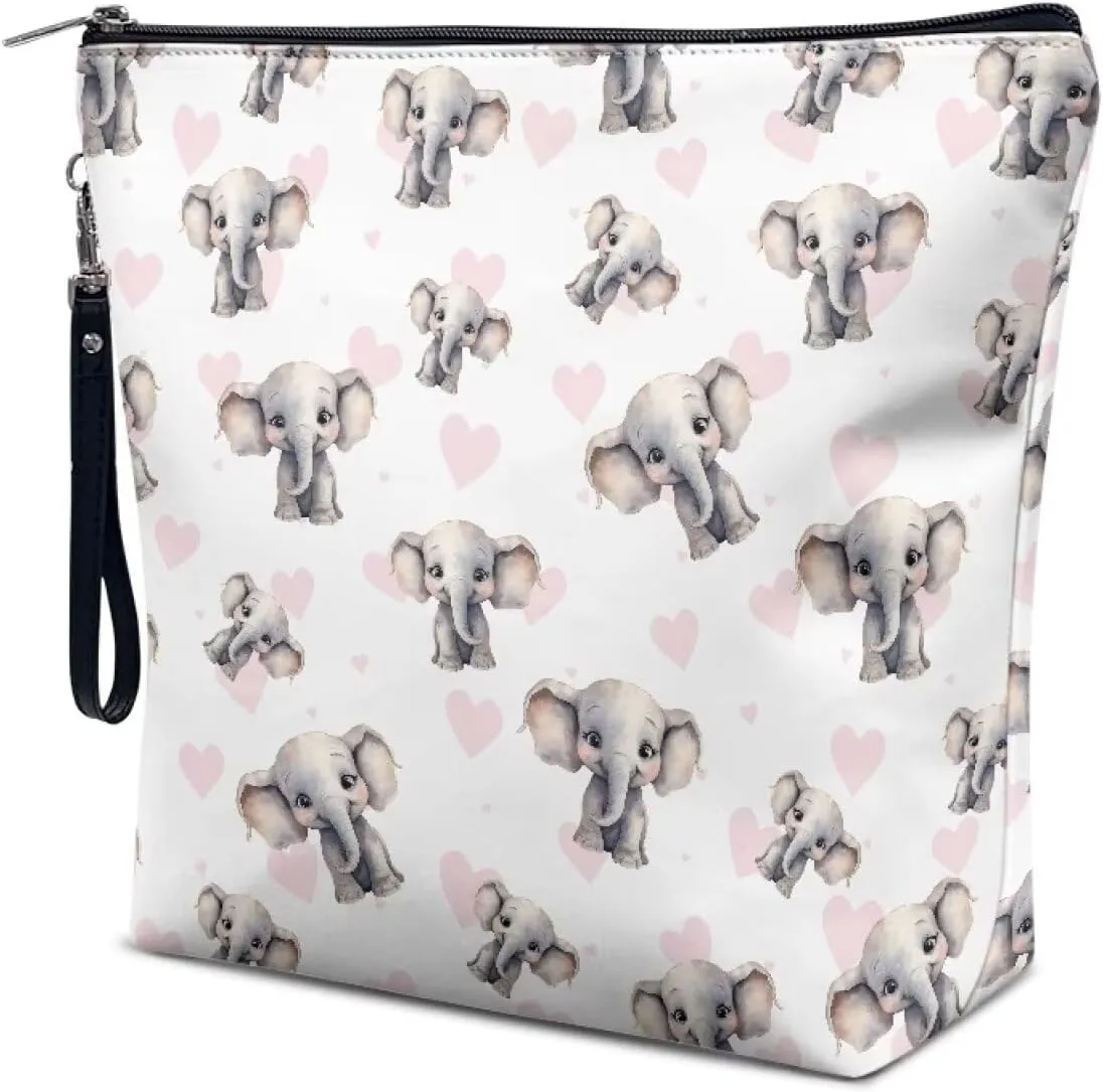 Zippered Cosmetic Bag for Women Girls Baby Elephant, Portable Women's Travel Bag Makeup Bag with Handle, Waterproof Leather Toiletry Bag Handbag Pouch